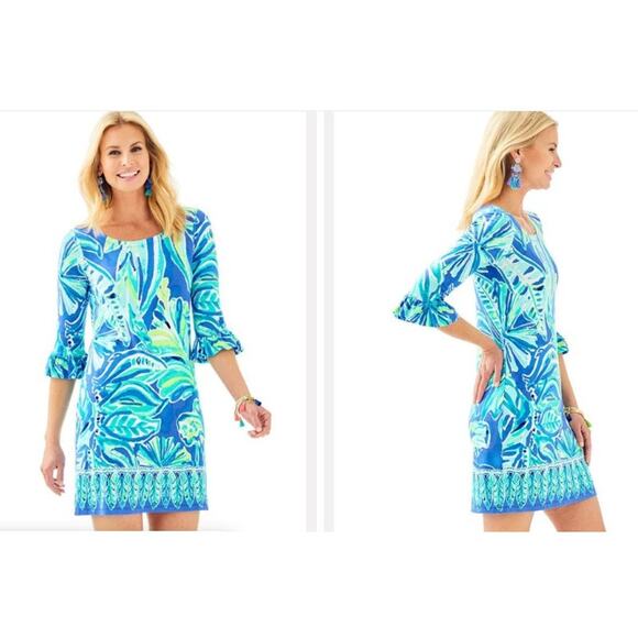 LILLY PULITZER UPF 50+ Sophie Ruffle Dress Long Sleeve Shift Dress Blue XS‎ - Picture 1 of 9